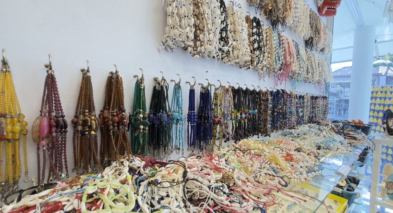 Colourful jewelry and shell crafts on display at Sri Shop